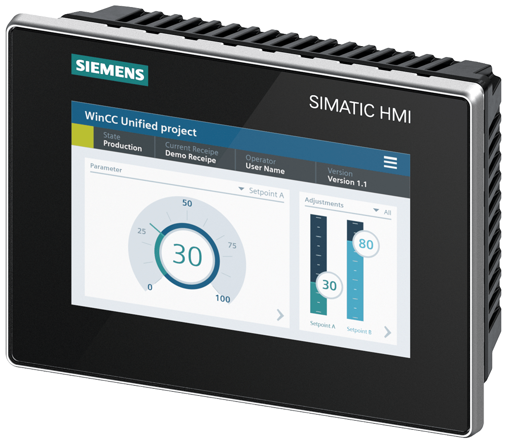 Siemens 6AV2128-3GB06-0AX1 SIMATIC HMI MTP700, Unified Comfort Panel, touch operation, 7" widescreen TFT display, 16 million colors, PROFINET interface.