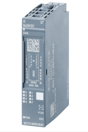 Siemens 6ES7131-6BF00-0CA0 SIMATIC ET 200SP digital input module with 8x 24 V DC channels and diagnostic features.