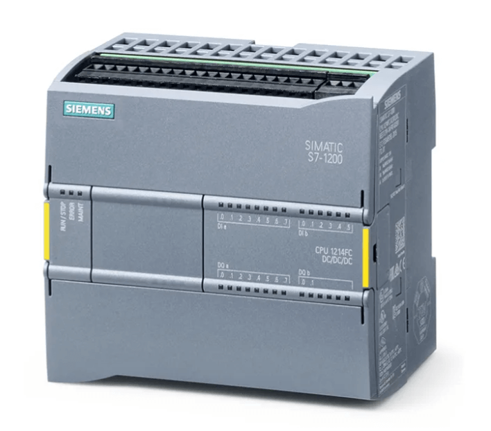 Siemens SIMATIC S7-1200F compact CPU 1214 FC with onboard I/O connections and DC power supply.