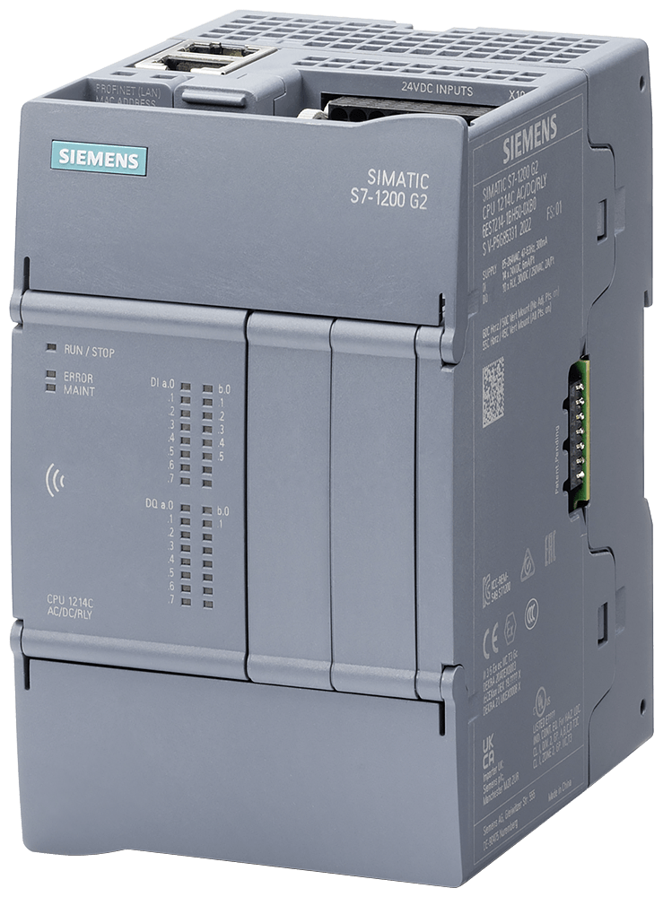 Siemens 6ES7214-1BH50-0XB0 SIMATIC S7-1200 G2: Compact CPU 1214C AC/DC/RLY with onboard I/O and power supply.