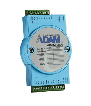 Advantech ADAM-6060 6Relay/6DI IoT Modbus/SNMP/MQTT Ethernet Remote I/O device with labeled ports.