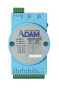 Advantech ADAM-6266 4Relay/4DI IoT Modbus/SNMP/MQTT 2Ports Ethernet Remote I/O with connectors and status indicators.