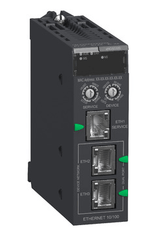 Schneider BMENOS0300 switch module for Modicon X80, featuring Ethernet ports and service indicators for network options.