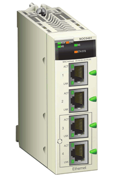 Schneider BMXNOC0401 Modicon M340 Ethernet communication module with multiple Ethernet ports and status indicators.