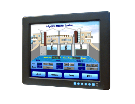 Advantech FPM-3121G 12.1" XGA Industrial Monitor with Resistive Touchscreen, Direct-VGA, DVI and Wide Operating Temperature displaying irrigation monitor system.