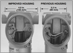 Improved housing (4.0 in) versus previous housing (3.2 in) for Rosemount 03031-0193-0103 Meter only.