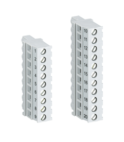 ABB TA563-SET terminal blocks for PM554-TP-ETH PLC, includes TA563-9 and TA563-11, screw front, wire side.