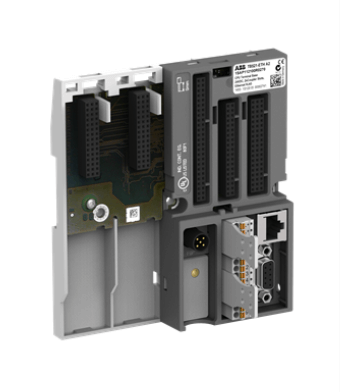 ABB TB521-ETH Terminal Base for AC500 V2 with Ethernet and RS232/RS485 interfaces, showing 2 communication module slots.